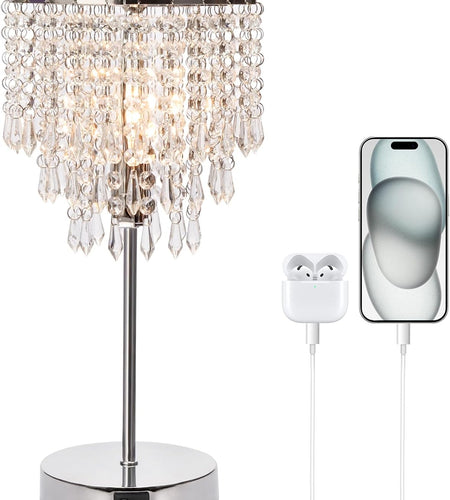 Touch Control Crystal Table Lamp with Dual USB Charging Ports, 3-Way Dimmable Bedside Touch Lamp Decorative Nightstand Lamp with Elegant Lamp Shade for Living Room Bedroom, B11 LED Bulb Included