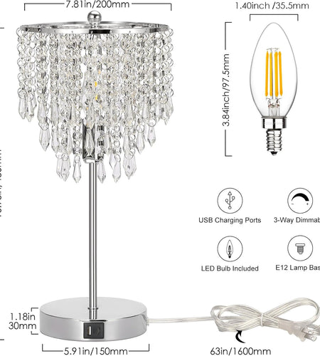 Touch Control Crystal Table Lamp with Dual USB Charging Ports, 3-Way Dimmable Bedside Touch Lamp Decorative Nightstand Lamp with Elegant Lamp Shade for Living Room Bedroom, B11 LED Bulb Included